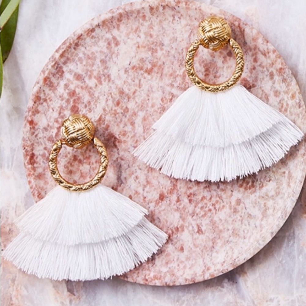 For Love and Lemons Fringe Earrings in White and Gold.
